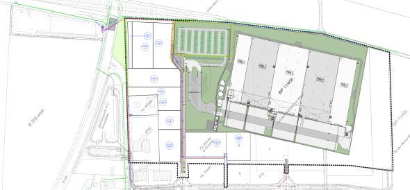 Blick auf das geplante Industriegebiet Villa Rustica mit entwässerungstechnischen Anlagen und Verkehrsinfrastruktur.