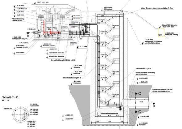 Bauplan für den Neubau einer Dükeranlage in Überruhr, Essen, mit Umgebungsanalyse und Infrastrukturdetails.