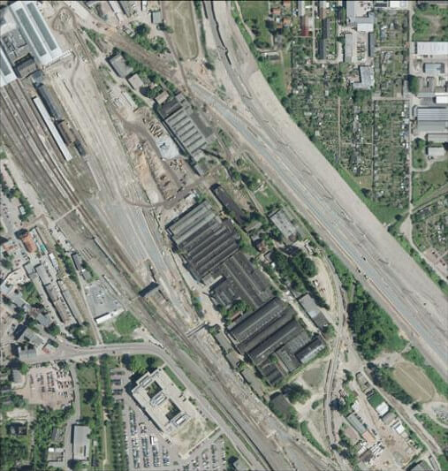 Detailansicht des Reichsbahnausbesserungswerks in Halle (Saale) zur Verwendung in der SWOT-Analyse.