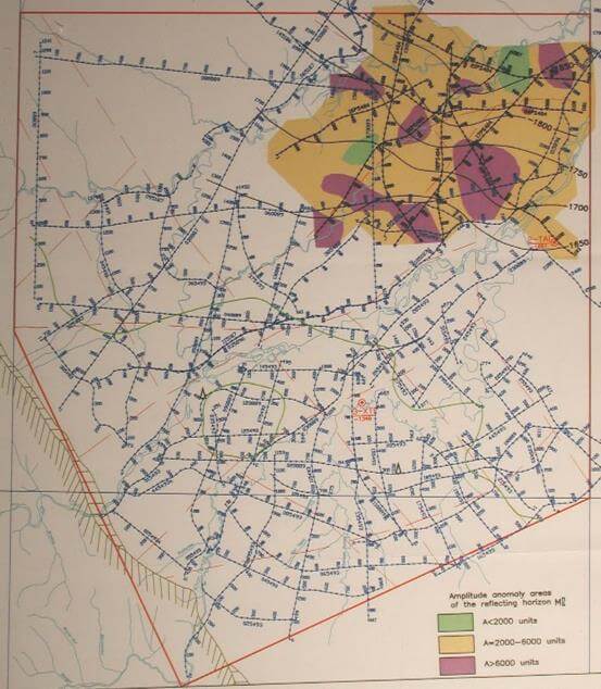 Erdgaslagerstätte Tagninskaya in Ostsibirien, Russland, zeigt die geologischen Strukturen und Bohrstellen.