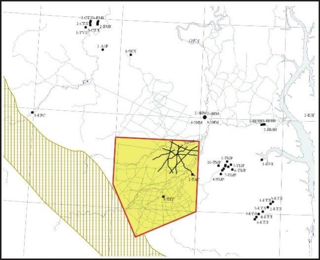 Erdgaslagerstätte Tagninskaya in der Region Irkutsk, Ostsibirien, zeigt geologische Strukturen und Explorationsgebiete.
